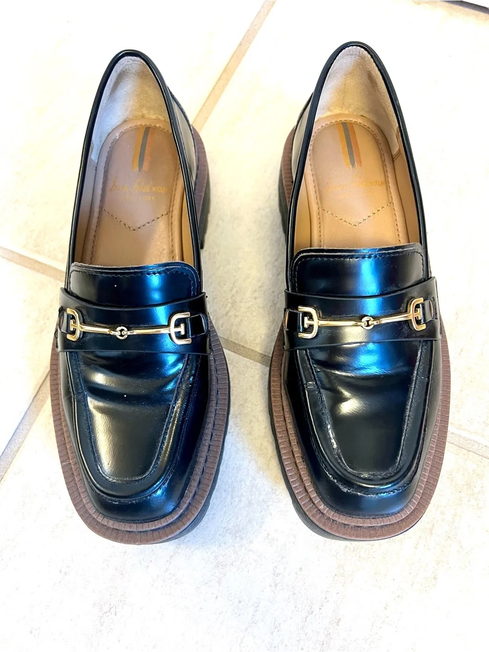 Sam Edelman 5M Penny Black Patent Platform Loafers Gold Bit chunky sole classic